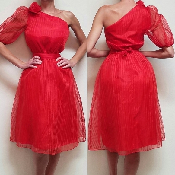 VINTAGE 1970s Shangri-La Red Pinstripe One-Shoulder Belted Midi Dress ILGWU - Picture 1 of 16
